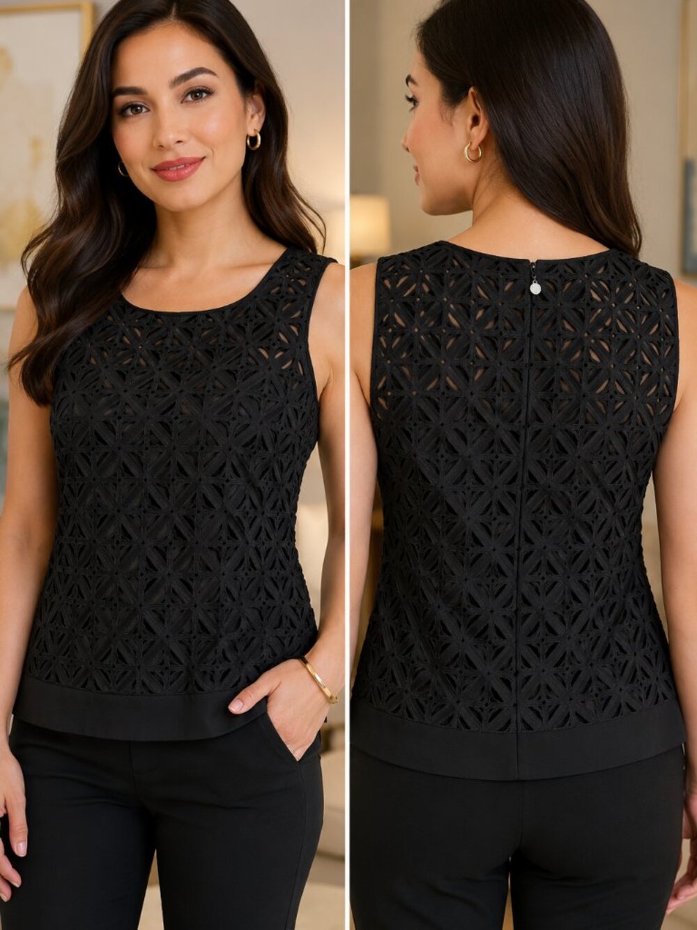White House Black Market Black Geometric Lace Overlay Sleeveless Top Size 10